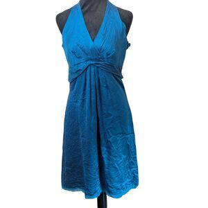 Ann Taylor 100% Silk Halter Dress Teal Blue Size 6 Y2K Cocktail Formal Party